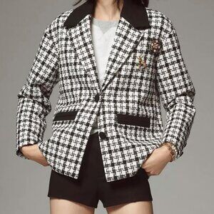 New Avec Les Filles Plaid Tweed Brooch Detail Blazer Medium $168